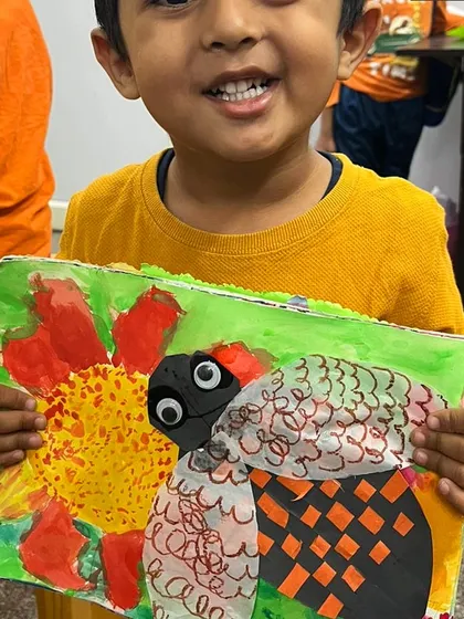 This little artist created a fantastic mixed-media snail. The woven paper shell and textured body make it a wonderful sensory art piece.