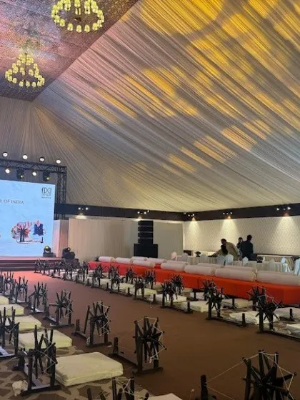 The grand setup for the Khadi Couture show at Taj Palace, where our students learned about heritage textiles in a luxury setting.