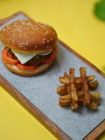 A classic veg burger served with a side of unique, lattice cut fries. I use fresh ingredients to build a satisfying burger that is both delicious and 100% vegetarian.