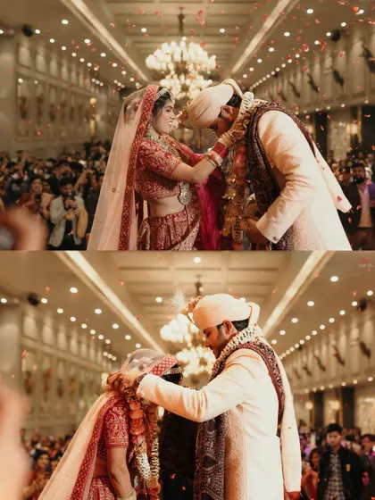 A diptych of the Varmala ceremony, showing the playful and competitive spirit of the moment as the bride and groom exchange garlands.