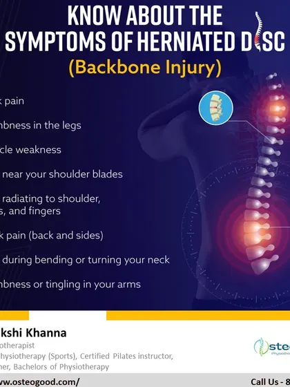 Recognizing the symptoms of a herniated disc is key to seeking timely treatment. This infographic lists common signs, from localized back pain to radiating pain and numbness in the limbs.