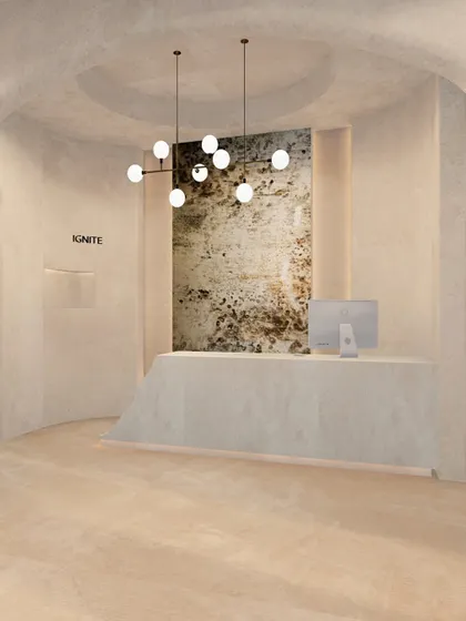 The reception desk at the studio is a monolithic piece that appears to be carved from a single stone, reflecting the Wabi-Sabi aesthetic. Behind it, a striking textured mirror from SICIS Italy serves as a piece of art, adding depth and a touch of luxury.