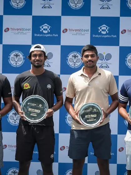 The doubles finalists and winners at the AITA 1 Lakh tournament in Bangalore. Our players Mohit and Oges were the champions.