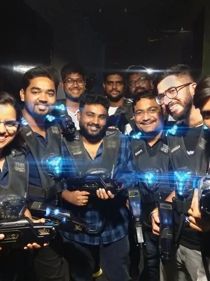 It's all about the squad. We love seeing corporate teams and groups of friends like this one getting geared up and ready for a friendly, competitive laser tag match.