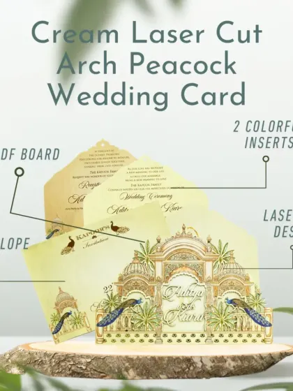 This cream laser-cut arch peacock wedding card is a masterpiece. It features an MDF board, two colorful inserts, and an intricate laser-cut design for a royal feel.