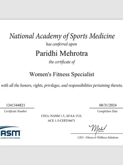 My certification as a Women's Fitness Specialist from the National Academy of Sports Medicine (NASM) is foundational to my coaching. It ensures my programs are designed specifically for the unique needs of the female body through all stages of life.