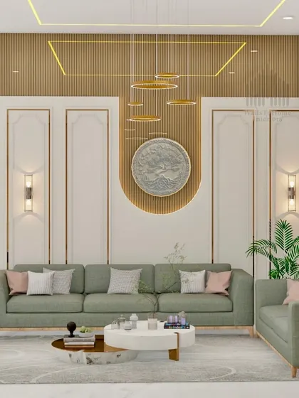 This living room render showcases a sophisticated design with wall paneling, a statement art piece, and a comfortable seating arrangement, all in a soothing color palette.