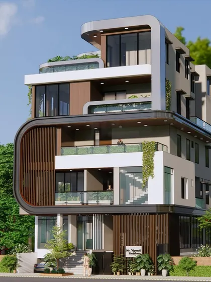 A different perspective of the Koramangala residence, highlighting the curved facade element that wraps around the corner. The decks and balconies are designed as both elevation features and functional green zones.