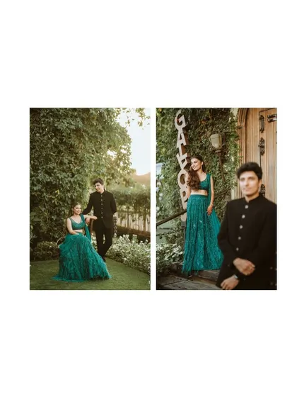 A diptych of Radhika and Shyam in a garden setting. These portraits combine a relaxed seated pose with a more formal standing shot, showing different facets of their connection.
