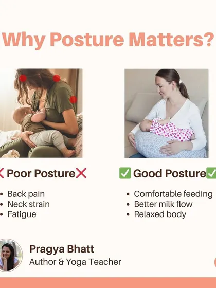 This graphic illustrates why posture matters during breastfeeding. Poor posture leads to back pain and neck strain, while good posture ensures comfortable feeding, better milk flow, and a relaxed body for both you and your baby.