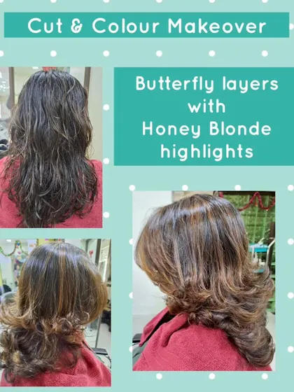 Here, we combined two of our favorites: a voluminous butterfly layered cut and sweet honey blonde highlights. This technique brightens the overall look and adds texture, creating a face-framing style that is both glamorous and fun.