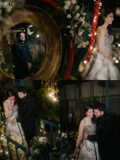A collage of candid moments from a Sangeet after-party, filled with laughter, tears of joy, and romantic embraces. We stay to capture the late-night memories.
