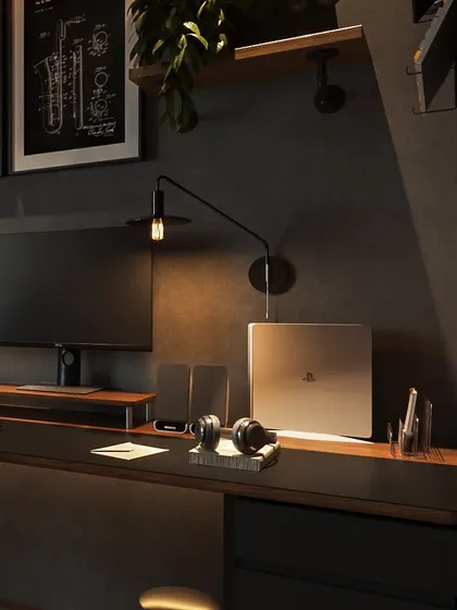 Details matter. An industrial-style task lamp and organized desk accessories complete the look of this powerful and focused workspace.