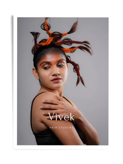 Another portfolio shot of Vivek's creative tree-inspired hairstyle, showcasing his unique artistic talent.