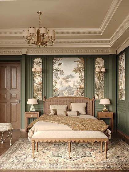 Another angle of the green-walled bedroom, highlighting the classical column and elegant furniture. The design proves that bold color can be used to create a space that is still timeless and deeply refined.