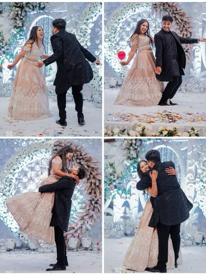 A playful and romantic collage of the couple dancing at their Sangeet, from twirls and lifts to warm embraces.