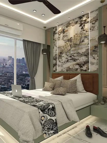 This bedroom design features a serene, nature-inspired wallpaper as a focal point behind the bed. The color palette is soft and earthy, with warm wood tones and gentle greens creating a relaxing environment.