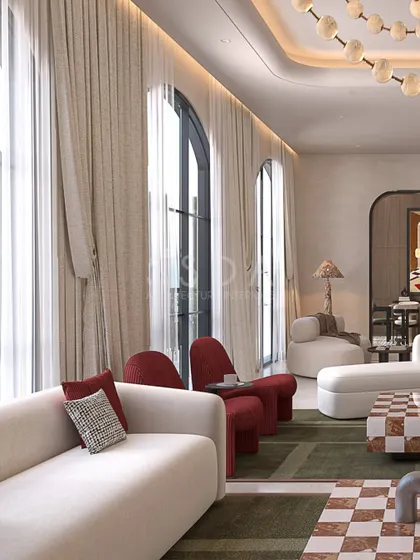 The tall, arched windows in this living room concept are dressed with floor-to-ceiling curtains, emphasizing the room's height and creating a soft, elegant mood. The curved furniture echoes the architectural arches.