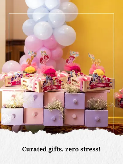 Curated gifts, zero stress. These beautifully arranged party favors, featuring "My Little Pony" toppers and pastel drawers filled with goodies, were a delightful end to a magical celebration.