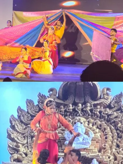A collage of vibrant moments from a 'Mix & Match' performance. The production is a feast for the senses, combining colorful fabrics, intricate dance, and grand set pieces like this temple chariot.