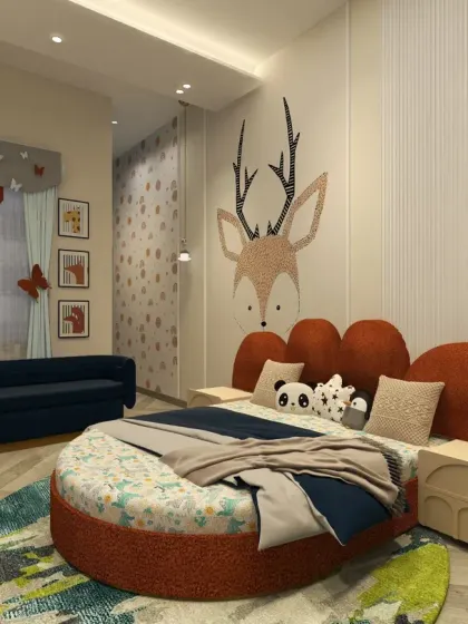The layout ensures easy circulation around the round bed, with a small sofa and butterfly-themed curtains adding to the room's vibrant charm.