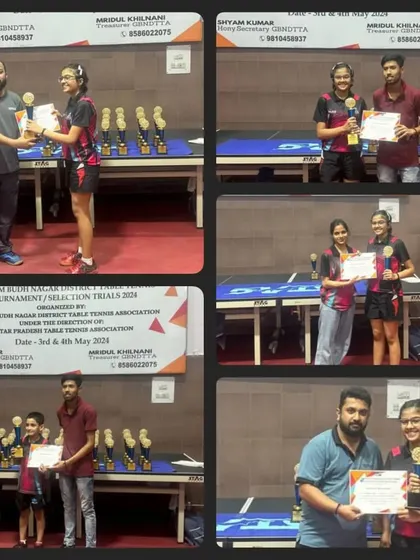 A collage capturing the winning moments from the Gautam Buddh Nagar District Championship. From individual trophies to team celebrations, it was a tournament full of success for our academy.