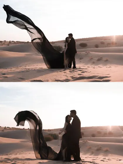 A collage capturing a romantic silhouette against the desert sun and a tender forehead kiss, with the black fabric of the gown creating a striking visual element.