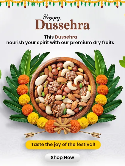This Dussehra, nourish your spirit with my premium dry fruits. This festive bowl, decorated with marigolds, is a perfect way to taste the joy of the festival.