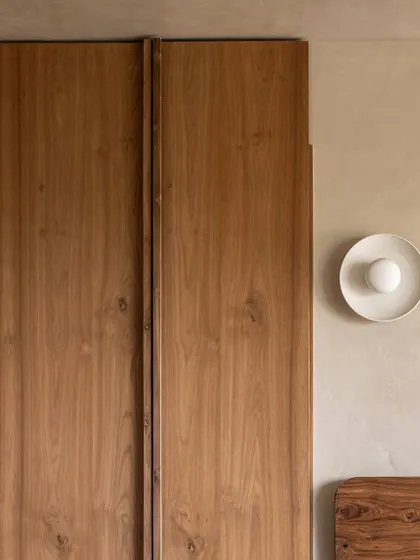 Craftsmanship is at the core of our work. This detail shows the custom teak wood wardrobe and joinery from a Mumbai apartment, where we used precise techniques like mitre and half-lap joints to ensure every bespoke piece is both beautiful and built to last.