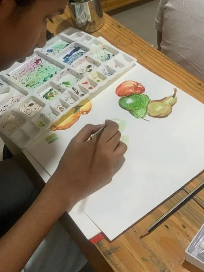 Students in our Foundation in Watercolor course practice painting fruits and vegetables. This is a great way to master the vibrant hues and textures found in nature.