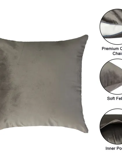 This infographic for a grey cushion points out its premium quality chain, soft fabric, and inner pocket, showcasing features that might otherwise be missed.