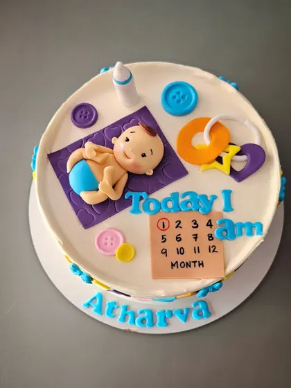 Don't blame me if your heart melts. A cake to celebrate baby Atharva's one-month milestone, complete with a tiny, handcrafted baby figurine and his favorite toys.