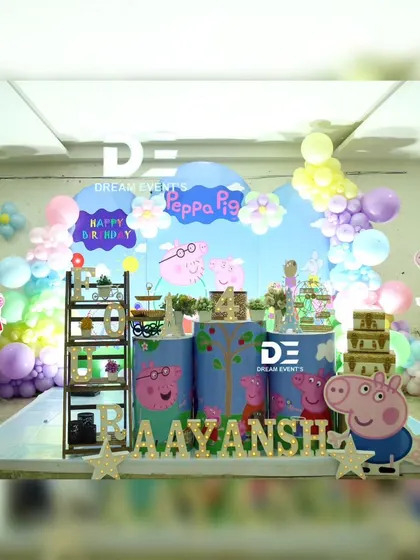 An oink-tastic Peppa Pig party for Aayansh's 4th birthday! This full stage setup includes Peppa, George, and their iconic house, set against a bright blue sky backdrop with fluffy clouds.