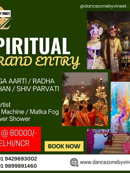 For those seeking a divine and traditional theme, our Spiritual Grand Entry package is ideal. It includes 12 artists for a Ganga Aarti, Radha Krishna, or Shiv Parvati theme, complete with fog effects and a flower shower.