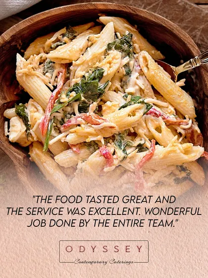 "The food tasted great and the service was excellent." A wonderful testimonial from a happy client, overlaid on a delicious image of our creamy pasta.