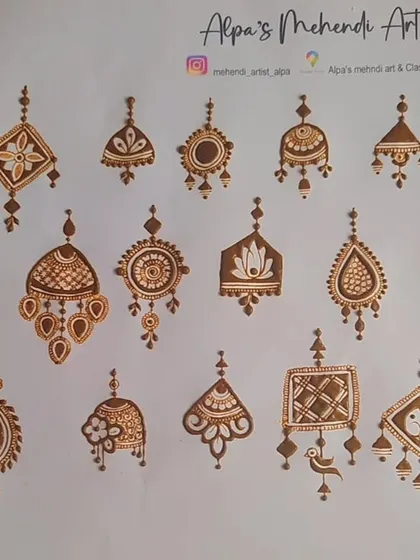A practice sheet filled with various jhumka or earring style motifs. These jewelry-inspired designs are very popular for adding detail to bridal henna.