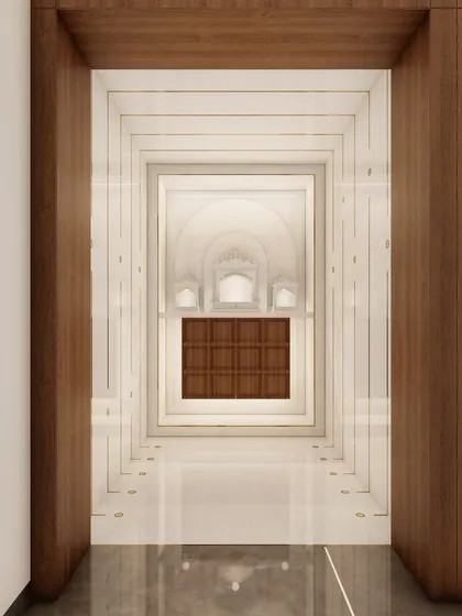 A concept view looking through the wooden doorway into the serene, marble-clad Puja room. The design creates a sense of depth and reverence through repeating archways and soft, layered lighting.