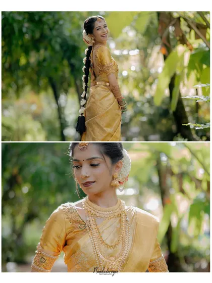 A diptych of the bride, combining a smiling portrait with a more contemplative close-up, showcasing her beauty and the details of her attire.