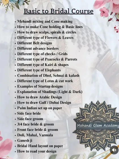 Here is a detailed look at everything covered in my Basic to Bridal course. From cone making to full bridal layouts, I provide a complete roadmap to becoming a skilled mehndi artist.