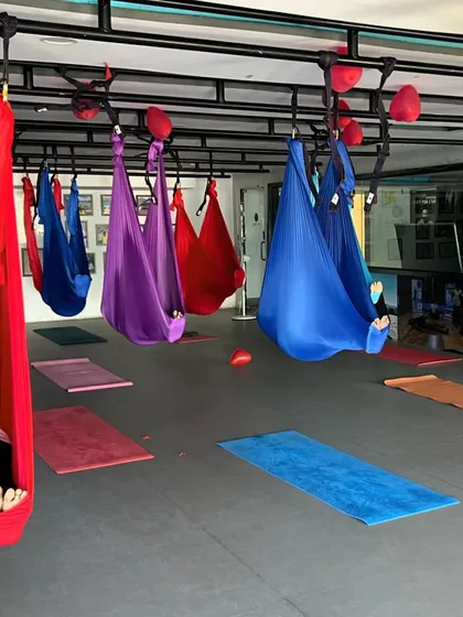 Students resting in the aerial hammocks in Savasana, a moment of complete relaxation.