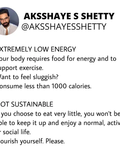 Undereating leads to extremely low energy and is not sustainable. If you eat very little, you won't be able to keep it up, enjoy a social life, or feel good. You must nourish yourself properly.