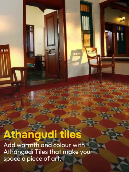Adding warmth and color is easy with Athangudi tiles. This floor, with its vibrant geometric pattern, turns the entire space into a piece of art, grounding the room in Chettinad's rich heritage.