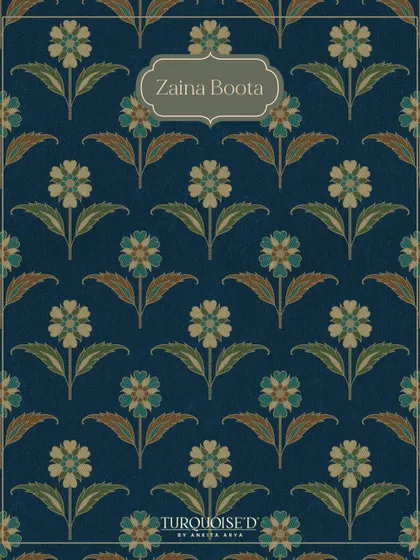 A detailed look at the Zaina Boota wallpaper. This pattern features individual floral 'bootas' or motifs arranged in a repeating pattern against a rich blue, textured background, echoing the classic style of Kashmiri textiles.