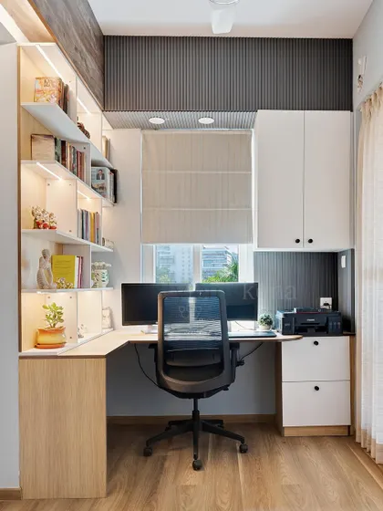 From sketch to reality. We utilized this small window space to create a functional L-shaped desk, combining grey fluting with white and oak laminates for a crisp, neat look.