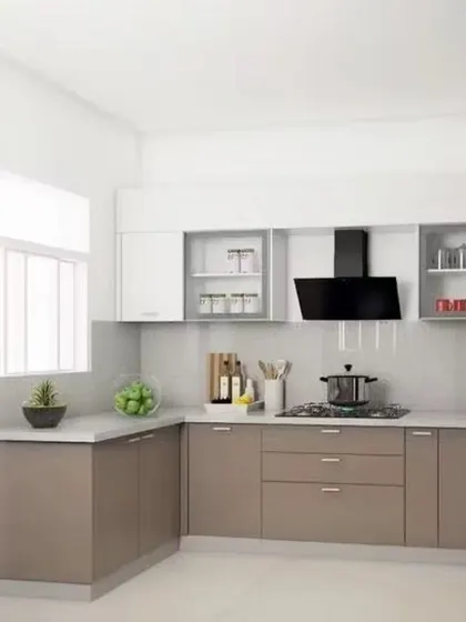 A classic L-shaped kitchen layout with taupe and white two-tone cabinets. The design is timeless and functional, with a dedicated space for the chimney and hob.