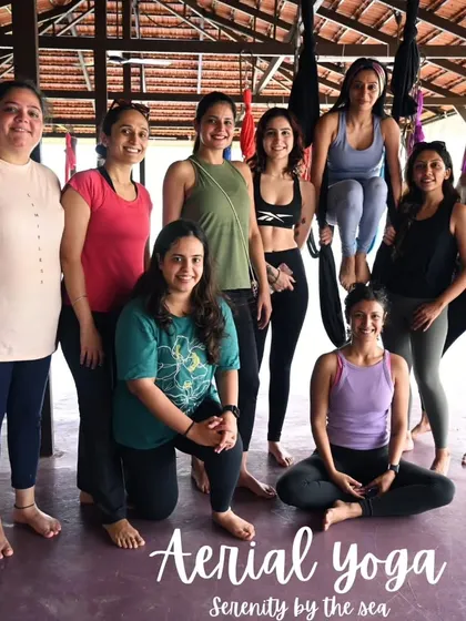 The wonderful group from our "Serenity by the Sea" aerial yoga retreat. It was a joy to guide these amazing people through their practice.