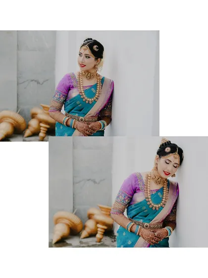 A diptych of the bride posing elegantly, showcasing her beautiful saree and confident presence.