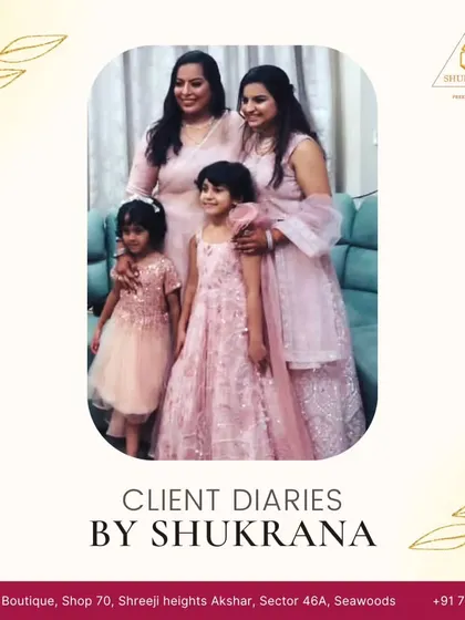 A family portrait from our client diaries, featuring four family members in coordinated light pink ensembles. We designed each outfit, from the little girl's frock to the elegant suits, to create a harmonious and beautiful family look.
