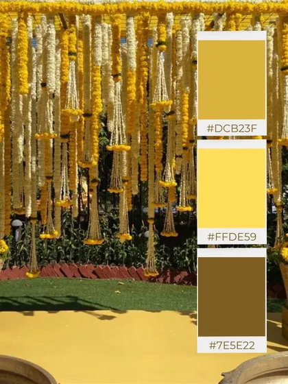 The vibrant color palette behind a traditional Haldi decor, showcasing shades of marigold yellow, bright yellow, and earthy brown.