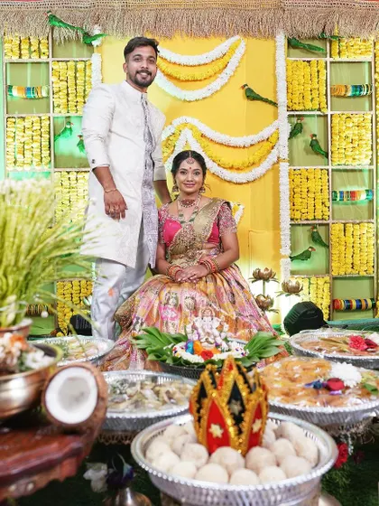 A wider view of the ceremony, with my husband and me in our custom Anthariya outfits.